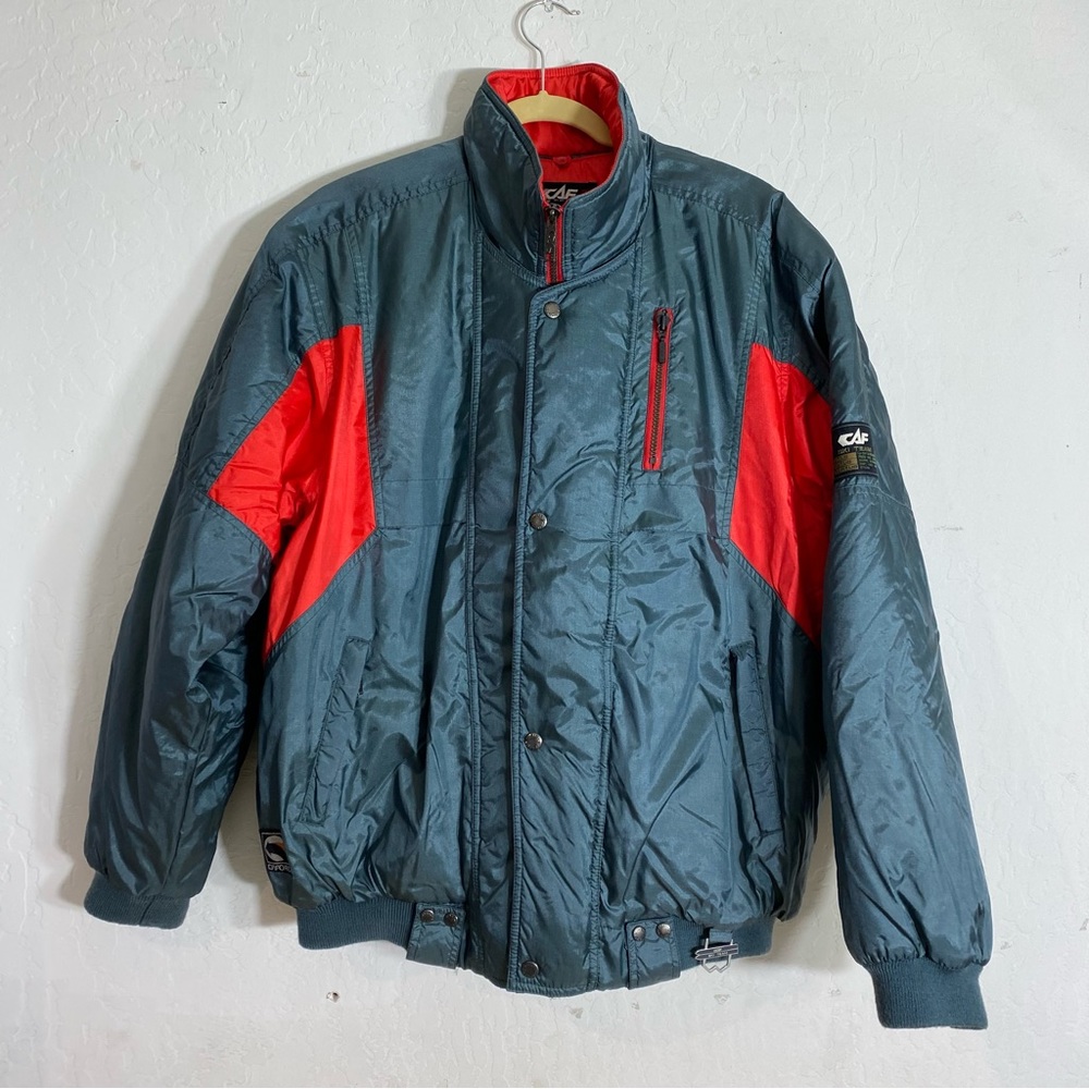 CAF Puffer Jacket Ski Team Gray Red Color Block Zip and Snap Button Front